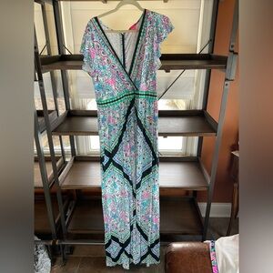 Lilly Pulitzer Roselle Maxi Dress Colorful Cross Front Print